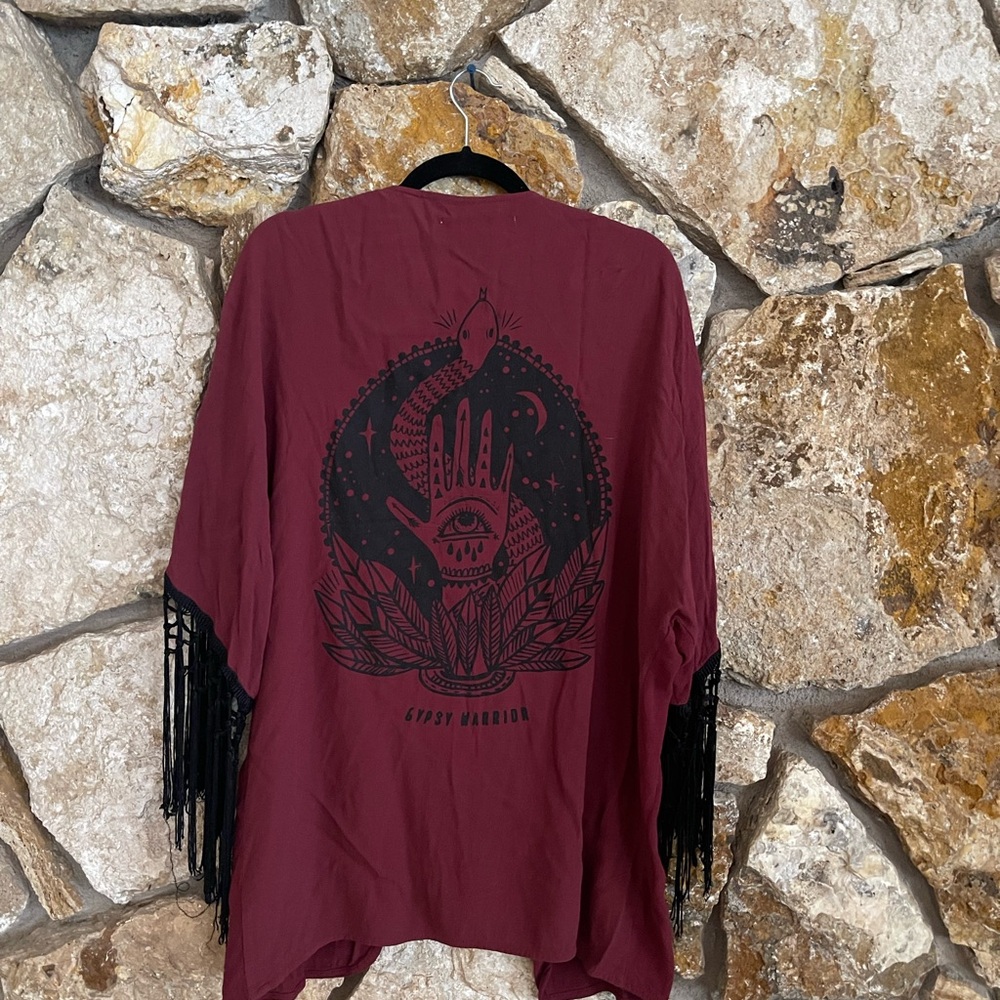 Gypsy Warrior Burgundy Poncho with Black Fringe